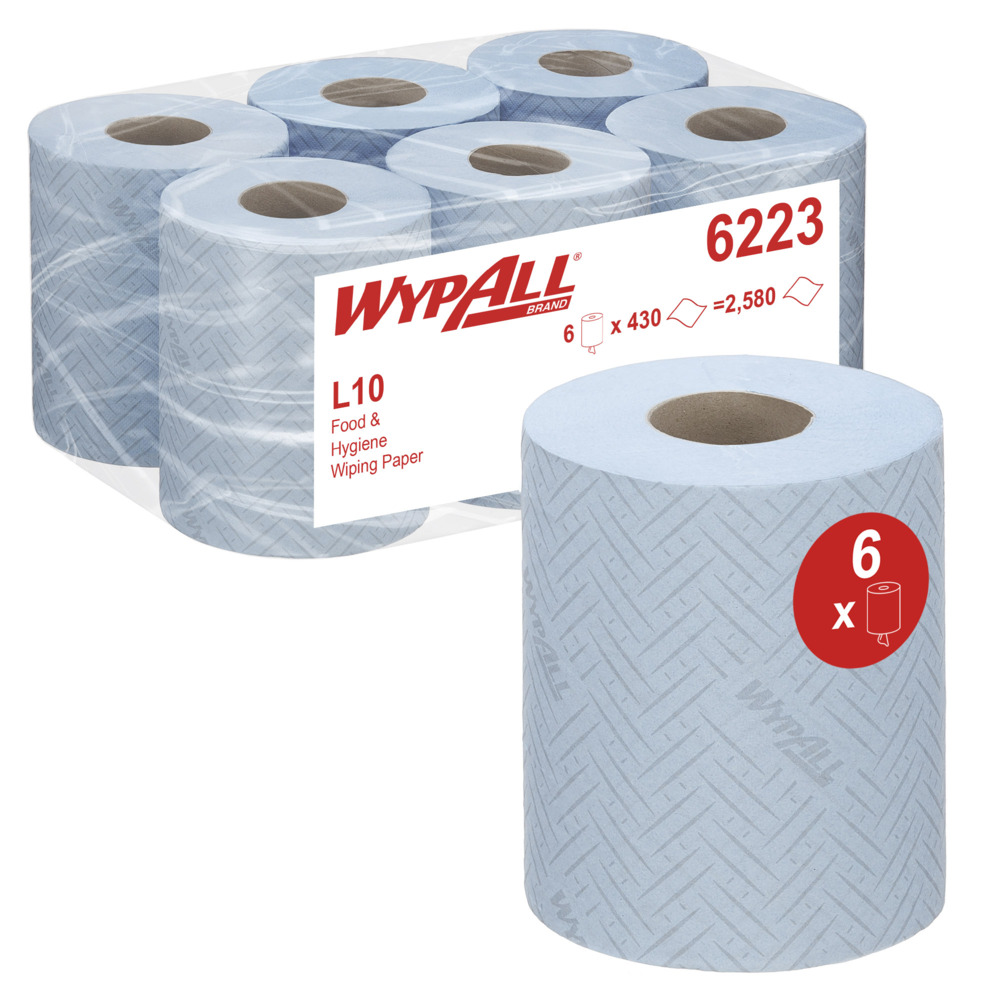 WypAll® L10 Papierreinigungstücher für Lebensmittel und Hygiene 6223 – 1-lagige blaue Rolle mit Zentralentnahme – 6 Rollen mit Zentralentnahme x 430 Papierreinigungstücher (insges. 2.580)