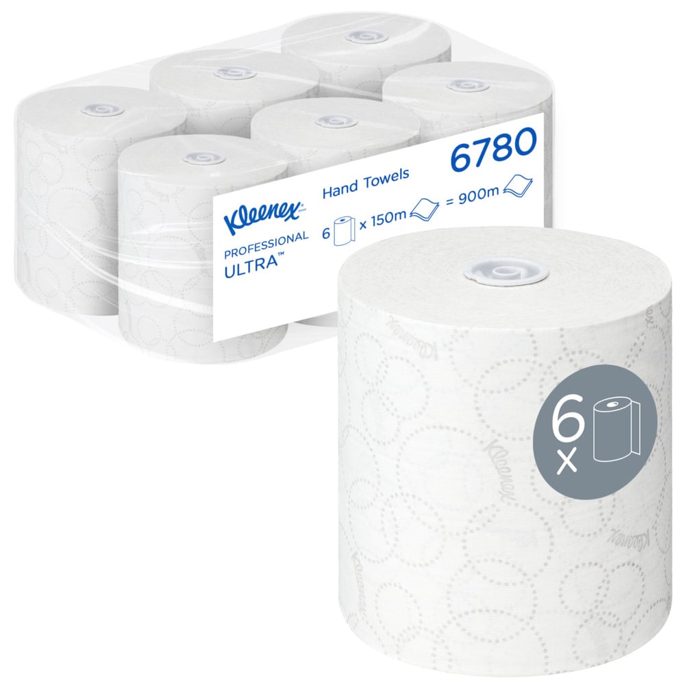 Kleenex® Ultra™ Rollenpapiertücher 6780 – 2-lagige Rollenhandtücher – 6 x 150 m weiße Papiertuchrollen