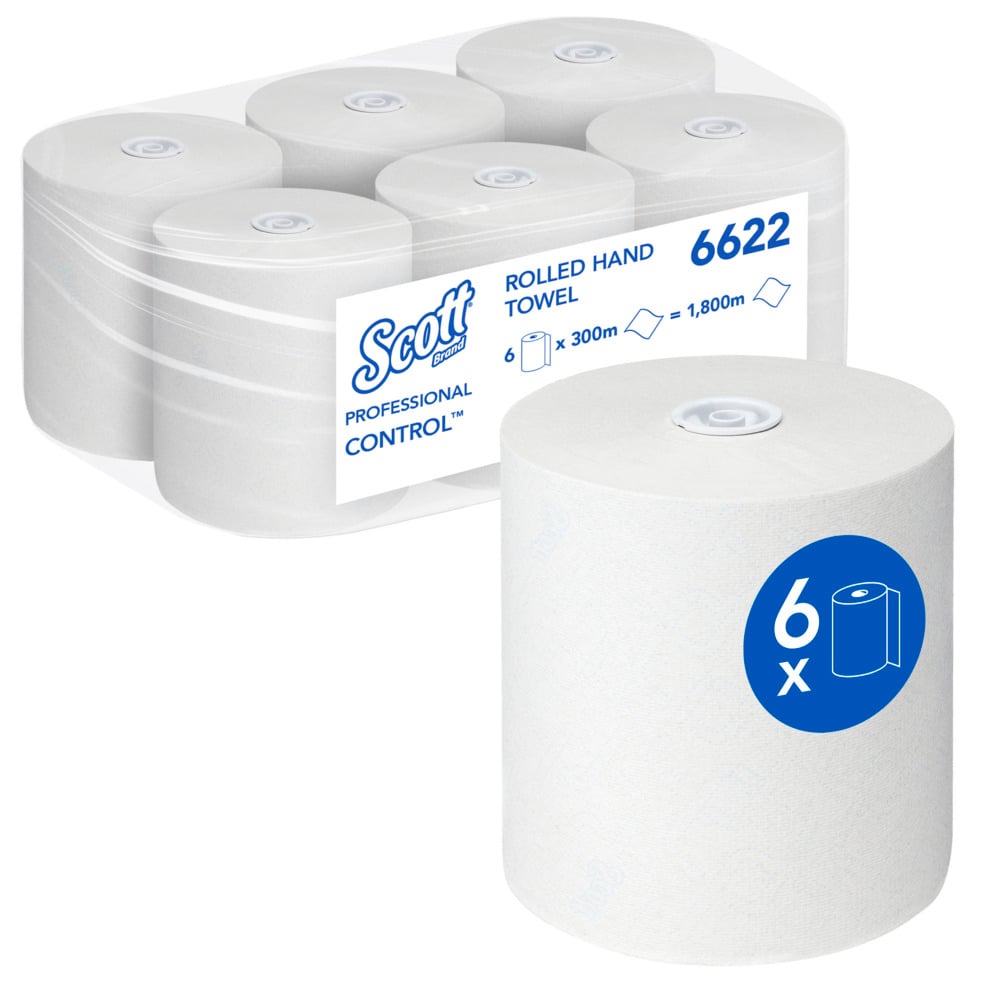 Scott® Control™ Rollenhandtücher 6622 – Einweg-Handtücher – 6 Papiertuchrollen x 300 m Papierhandtücher, weiß (insges. 1.800 m)