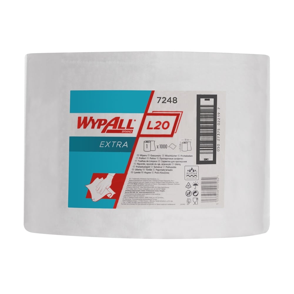 WypAll® L20 Extra Wischtücher 7248 auf der Großrolle – 1 Rolle mit 1.000 weißen, 2-lagigen Wischtüchern