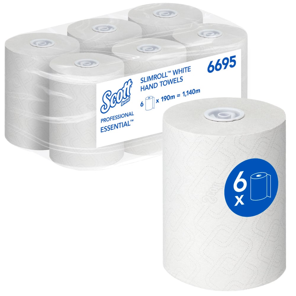 Scott® Essential™ Slimroll™ Rollenhandtücher 6695 – Rollenpapiertücher – 6 x 190 m Papiertuchrollen, weiß (insges. 1.140 m)