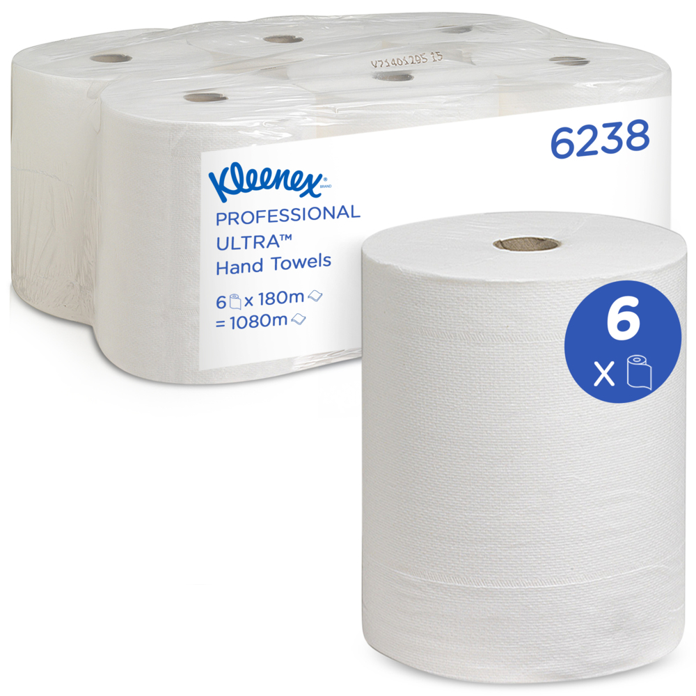 Kleenex® Ultra™ Papierhandtuchrolle 6238 – 2-lagige Papierhandtücher – 6 Rollen x 180 m weiße Handtücher (insg. 1.080 m)