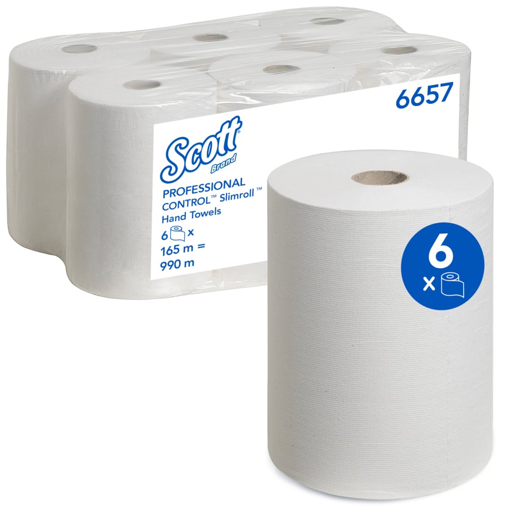 Scott® gerollte Papierhandtücher Slimroll™ 6657 - Handtücher für Spender - 6 x 165 m lange Papierhandtuchrollen - weiß, 1-lagig